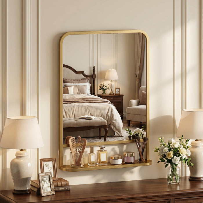 HOMCOM Modern Rectangular Wall Mirror with Storage Shelf, 70 x 50 cm, Gold Tone