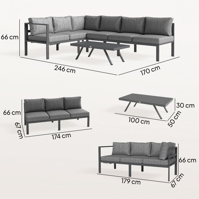 Outsunny 3 Pieces Garden Furniture Set, Aluminium Corner Lounge Set with Adjustable Backrest and Coffee Table