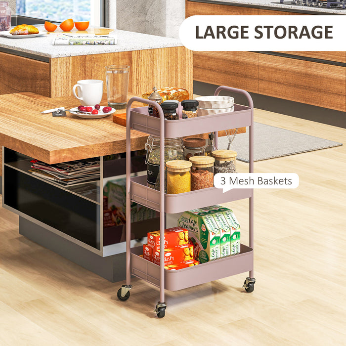 HOMCOM Three-Tier Steel Storage Trolley - Pink | Aosom UK