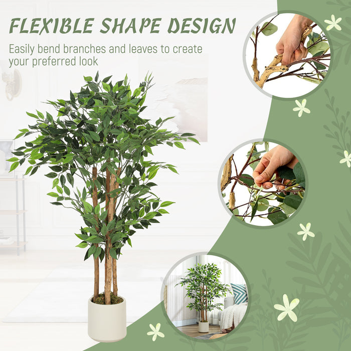 HOMCOM 120cm Artificial Ficus Tree, Fake Potted Tree with Solid Wood Trunk and Pot for Indoor, Green