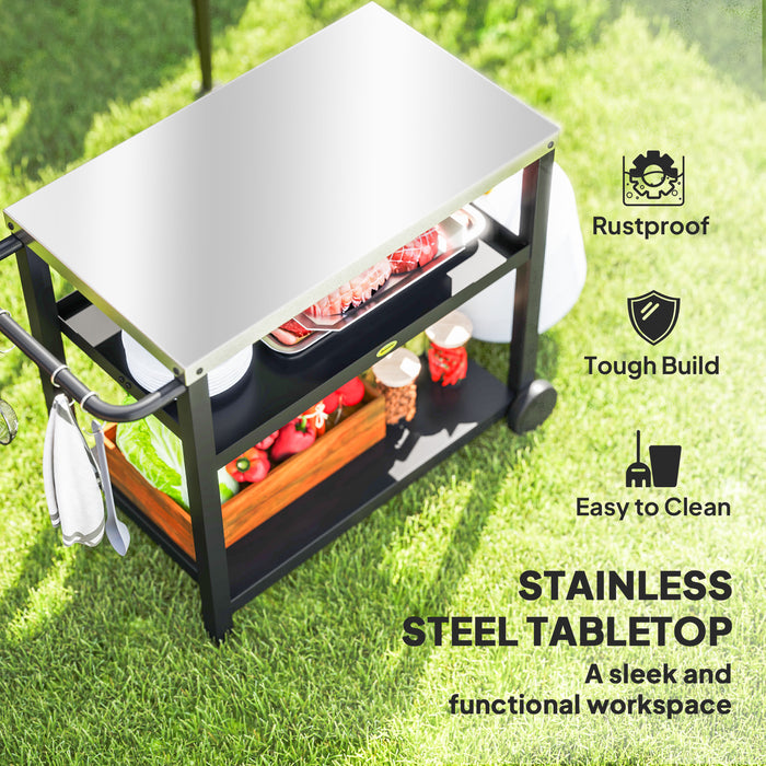 Outsunny Outdoor Grill Dining Cart 3-Shelf Movable Pizza Oven Table Stand with Stainless Steel Top, Portable BBQ Trolley Food Prep Outdoor Kitchen BBQ Station with Hooks Wheels Handle, Charcoal Grey