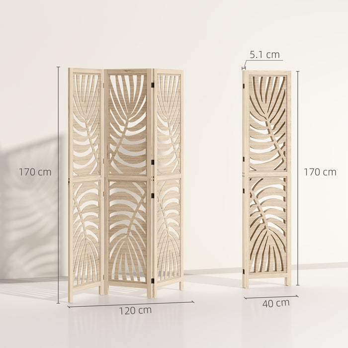 HOMCOM 3 Panel Room Divider, Detachable Folding Privacy Screens with Palm Leaf Design for Home Office, Natural Wood Finish