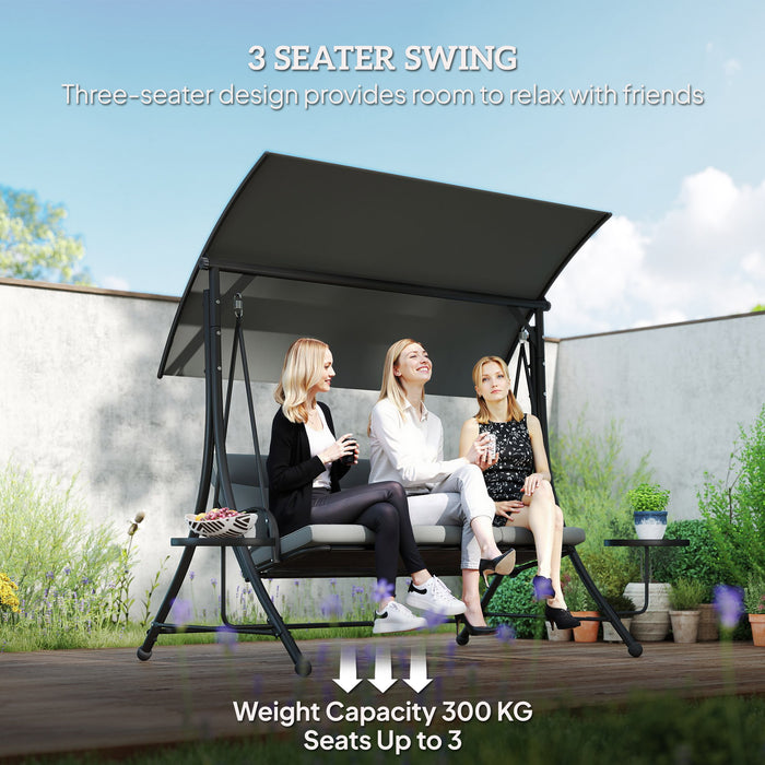 Outsunny 3 Seater Garden Swing Chair with Adjustable Canopy, Cushion and Coffee Tables for Outdoor Dark Grey