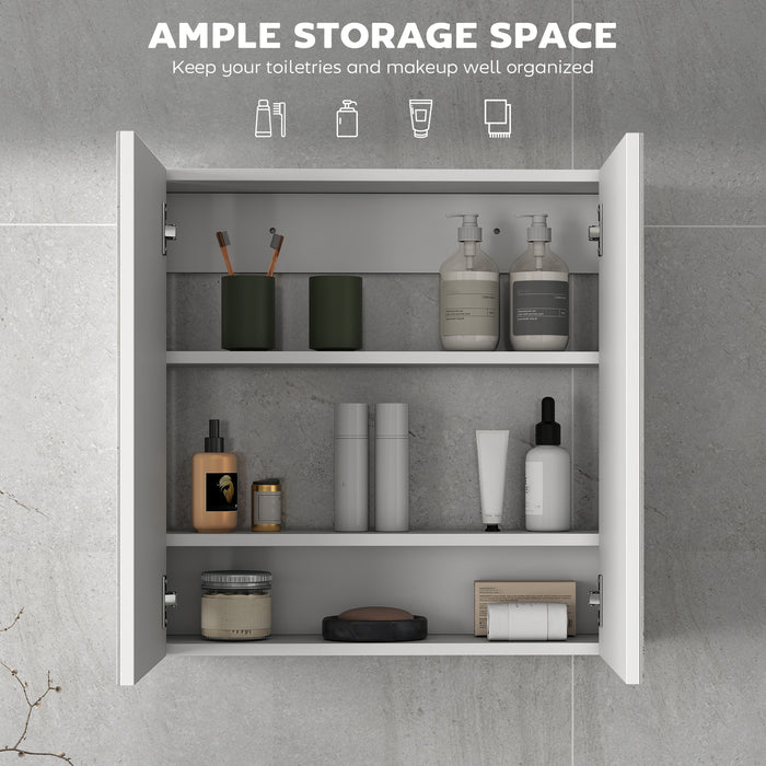 HOMCOM Double Door Wall Mounted Glass Mirror Cabinet Modern Storage Unit Bathroom Shelf Organiser Waterproof Wooden Frame 60W x 15D x 60H cm
