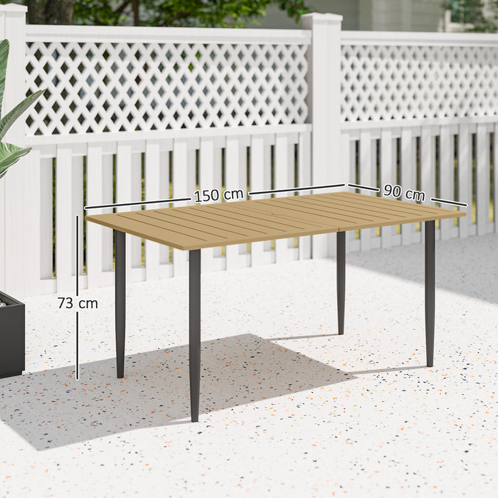 Outsunny Garden Dining Table for 6 Person, Rectangle Outdoor Coffee Table with 5 cm Parasol Hole, Slatted Tabletop and Steel Frame for Patio Balcony, Brown