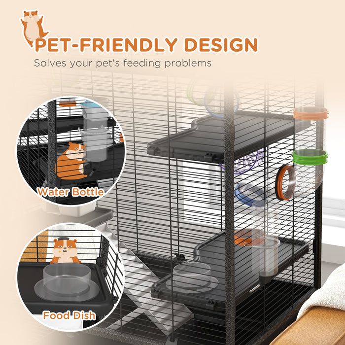 Extra-Spacious Hamster & Gerbil Habitat with Fun Tubes - Includes Storage Shelf, Ramps, Platforms, Exercise Wheel - Black - Ideal for Active Small Pets & Easy Maintenance