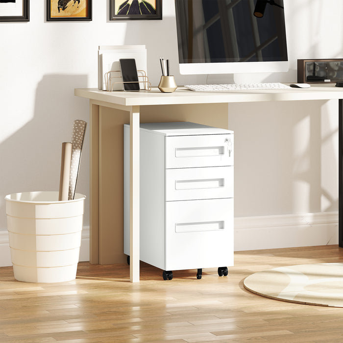 Vinsetto Metal Mobile File Cabinet with Wheels, Lockable 3 Drawer Filing Cabinet for A4, Legal, Letter, Under Desk Office Cabinet with Pre-Assembled Body for Home Office, 30 x 43.5 x 60 cm, White