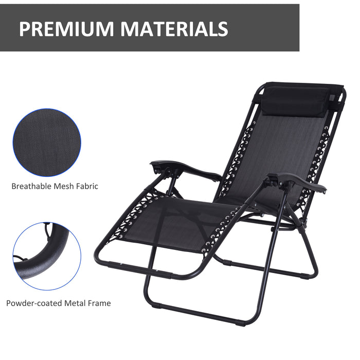 Outsunny Zero Gravity Chair Set of 2, Metal Frame Texteline Armchair Outdoor Folding and Reclining Sun Lounger with Head Pillow for Patio Decking Gardens Camping, Black