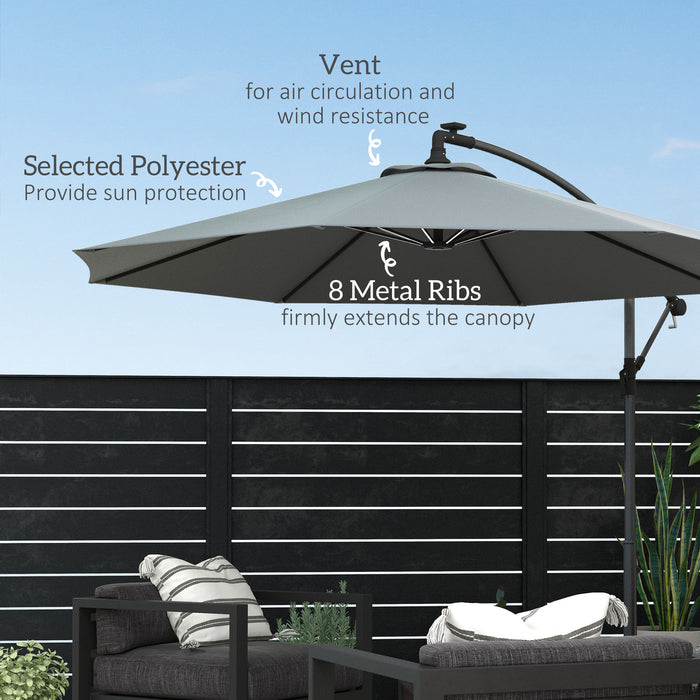 Cantilever Parasol with Solar LED - Outdoor Garden Umbrella, Cross Base, Crank Handle, Offset Banana Sun Shade - Ideal for Patio Lighting & Sun Protection, Grey