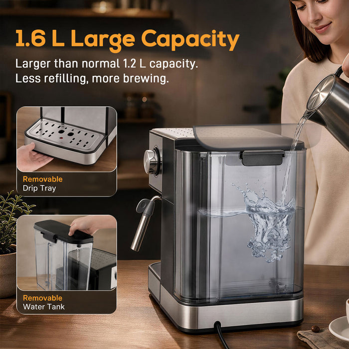 HOMCOM Espresso Machine, 20-Bar Semi Automatic Cappuccino Coffee Maker with Frother Wand, 1.6 L Water Tank, Black and Silver