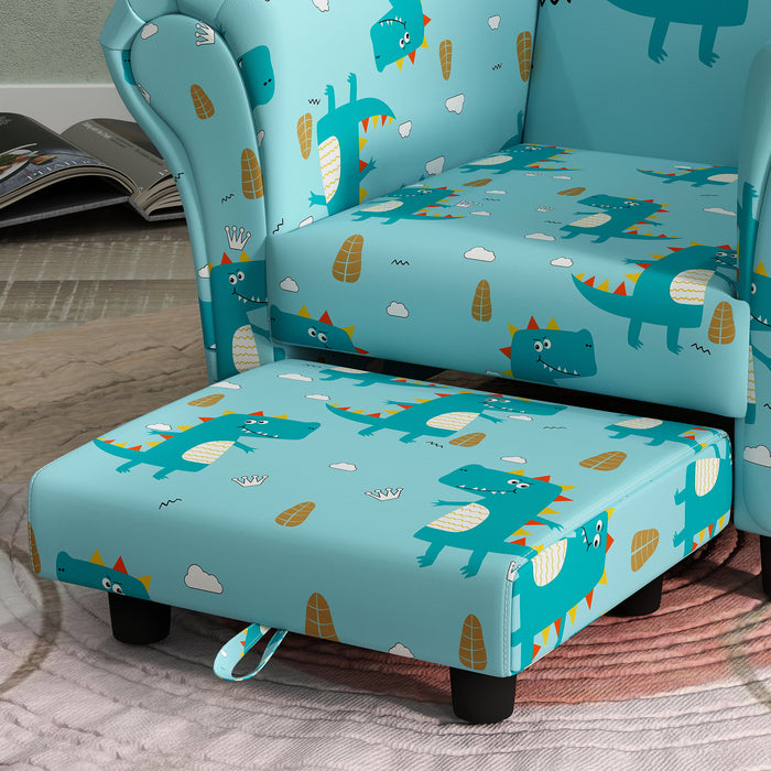 Kids Sofa Set with Dinosaur Theme - Sturdy Wooden Frame, 2-Piece Furniture for Toddlers - Perfect for Ages 1.5-3 Years, Vibrant Blue Color