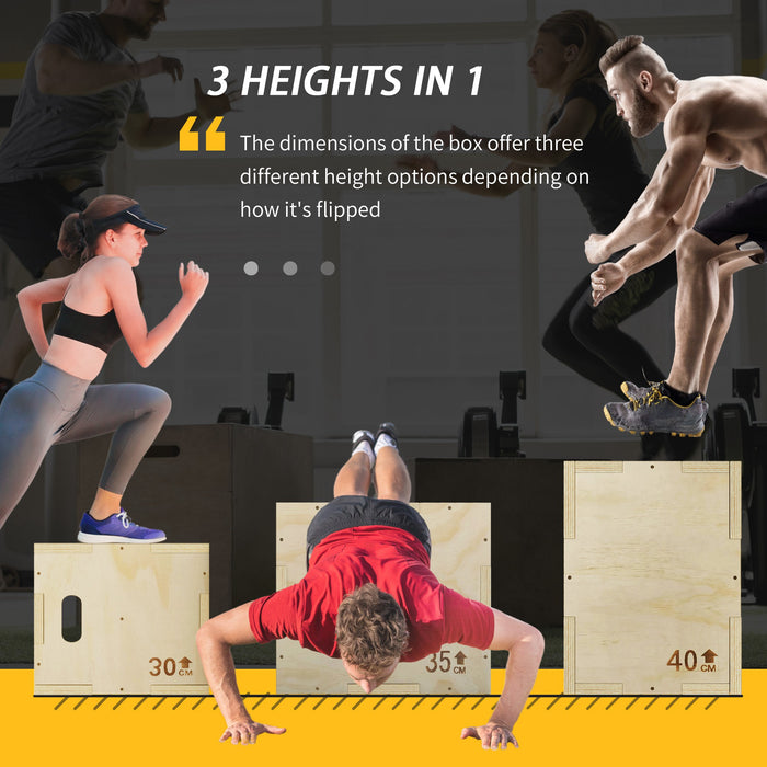 HOMCOM 3-in-1 Wooden Plyo Box, Plyometric Jump Box with Handle Openings for Home Gym, 12" x 14" x 16", Natural