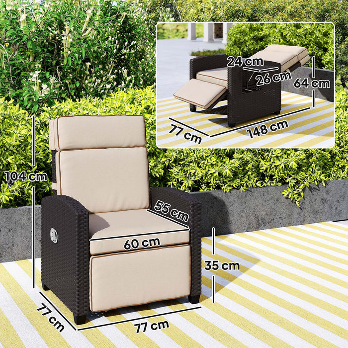 Outsunny Rattan Garden Recliner Chair, Adjustable Backrest Reclining Rattan Chair with Flip Table, Cushion and Footrest, Indoor Outdoor Lounge Reclining Sun Lounger for Patio, Dark Brown/Khaki