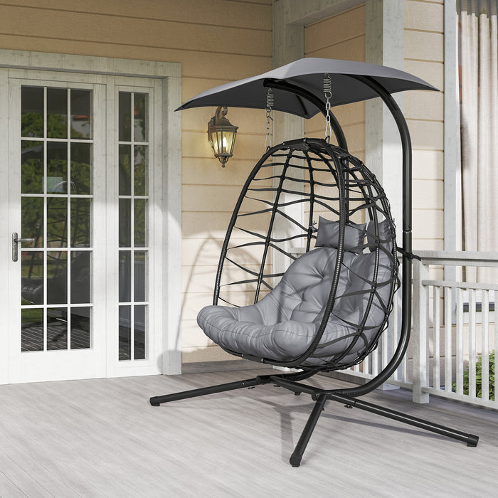 Outsunny Rattan Double Hanging Egg Chair with Canopy, Foldable Wicker Swing Egg Chair with Cushion, Head Pillows, Stand, Steel Frame, Hammock Chair for Indoor Outdoor, Capacity 260 kg, Black