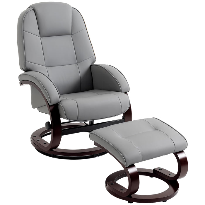 HOMCOM Swivel Recliner Chair with Footstool, PU Leather Recliner Armchair with Adjustable Back and Wood Frame, Grey