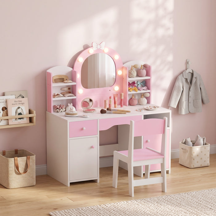 AIYAPLAY Kids Vanity Set, Girls Dressing Table with Stool, 2-Colour Lights Mirror, Cabinet, Drawer and Shelves, Pink