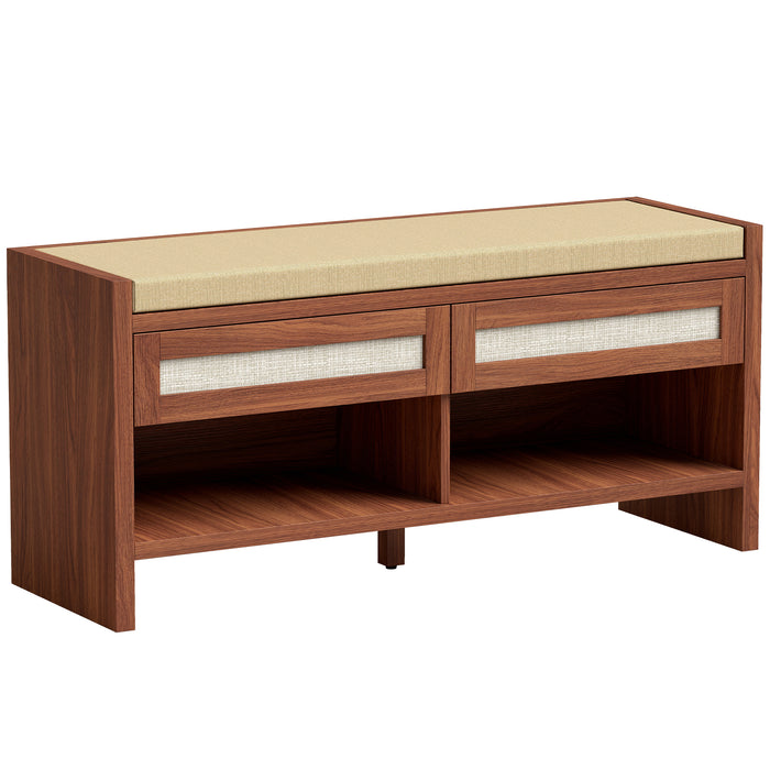 HOMCOM Boho Shoe Bench with 2 Rattan Drawers, Shoe Storage Bench with Cushioned Seat and Open Shelf Brown