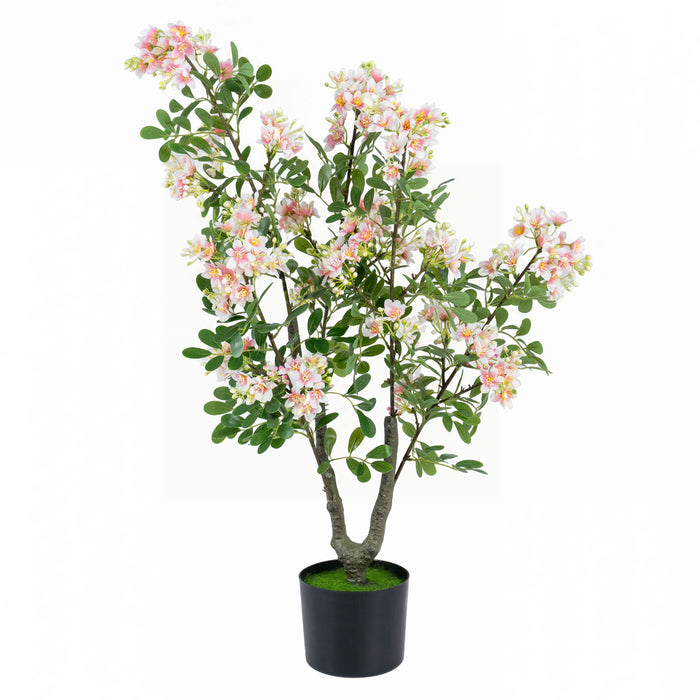 1 Piece 90 CM Artificial Impatiens Blossom Tree Faux  Floral Plant in Cement-filled Pot-