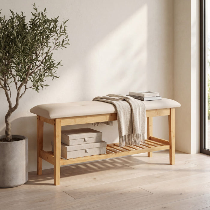100 CM Button Tufted End of Bamboo Bed Bench with Padded Seat-Natrual