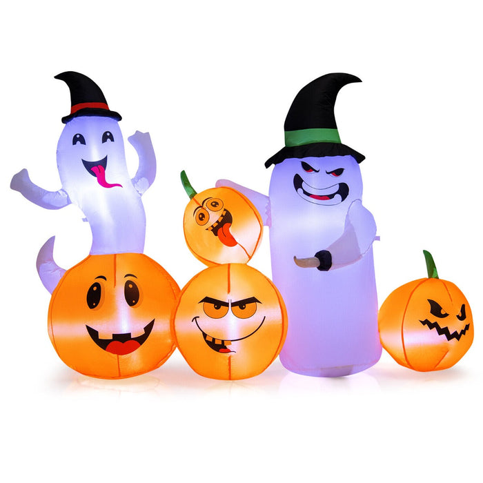 Halloween Inflatable Decoration 4 Pumpkins 2 Witch Hat Ghosts Combo，170CM Long