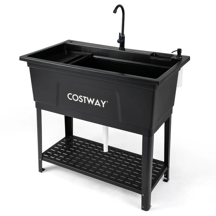 100L Utility Sink Laundry Tub with Rotating Faucet Storage Shelf Drip Tray Adjustable Legs-