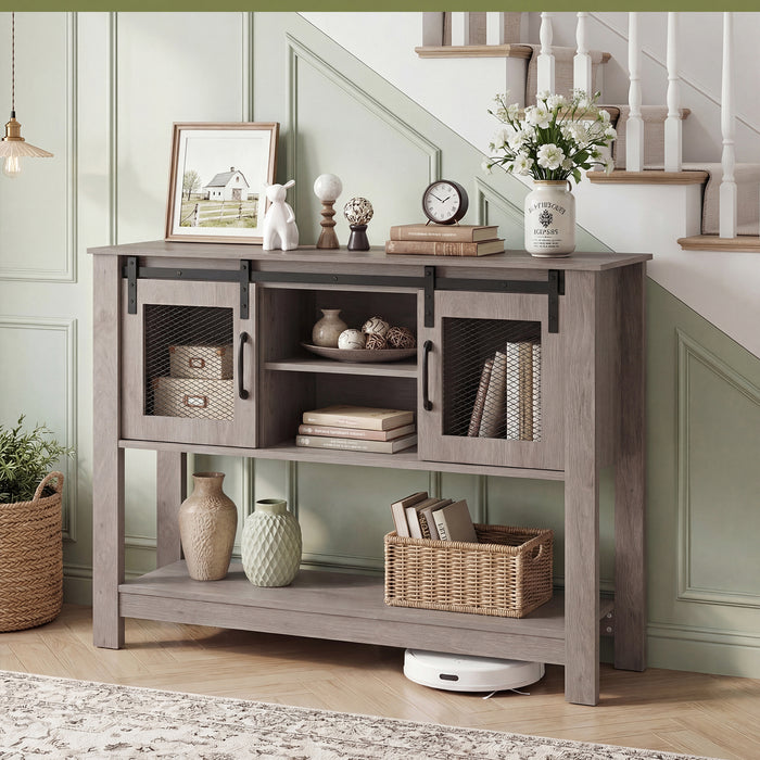 102CM Small Entryway Table with Barn Sliding Doors-Rusticbrown