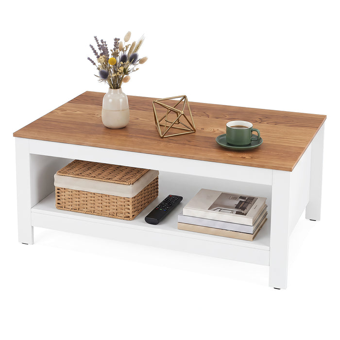 105 cm 2-Tier Farmhouse Coffee Table with Wood Grain Top & Open Storage Shelf-Natural & White