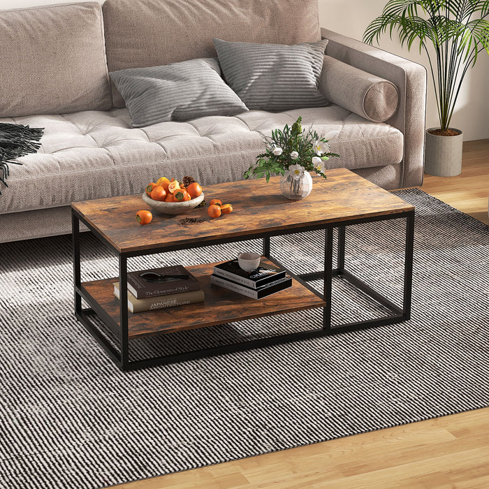 2-Tier 105 cm Industrial Wood Accent Coffee Center Table-Rustic Brown