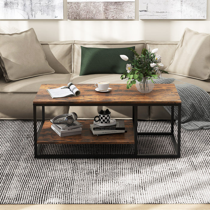 2-Tier 105 cm Industrial Wood Accent Coffee Center Table-Rustic Brown