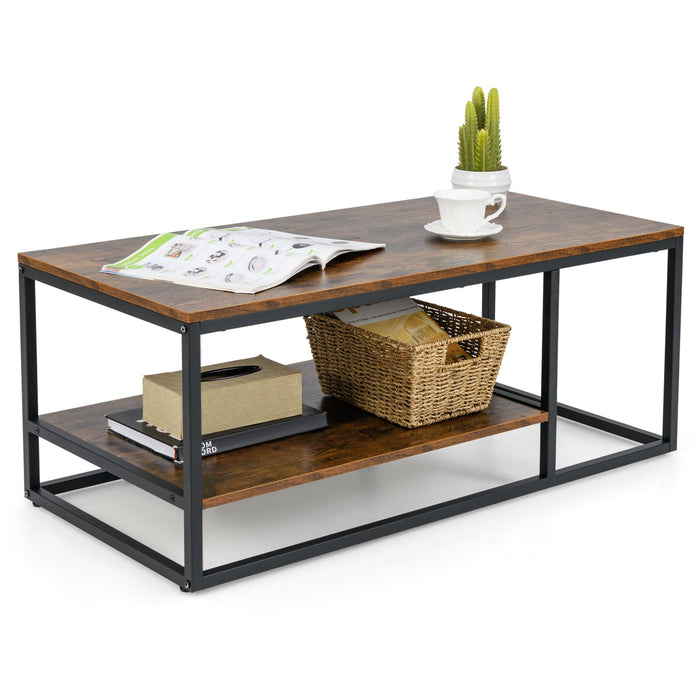 2-Tier 105 cm Industrial Wood Accent Coffee Center Table-Rustic Brown