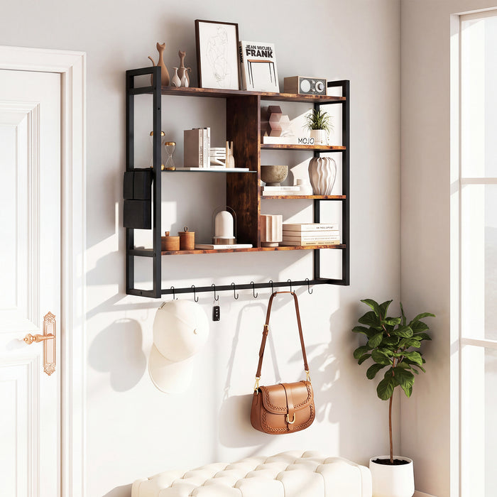 107 CM Industrial Floating Shelves 6-Tier Wall Mounted Shelf with 8 S-Hooks-White & Golden