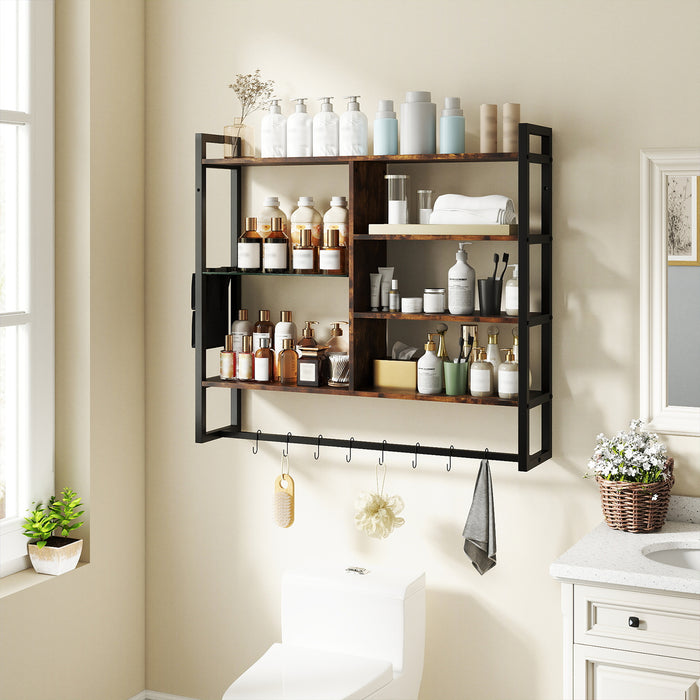 107 CM Industrial Floating Shelves 6-Tier Wall Mounted Shelf with 8 S-Hooks-White & Golden