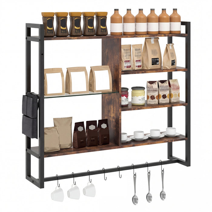 107 CM Industrial Floating Shelves 6-Tier Wall Mounted Shelf with 8 S-Hooks-White & Golden