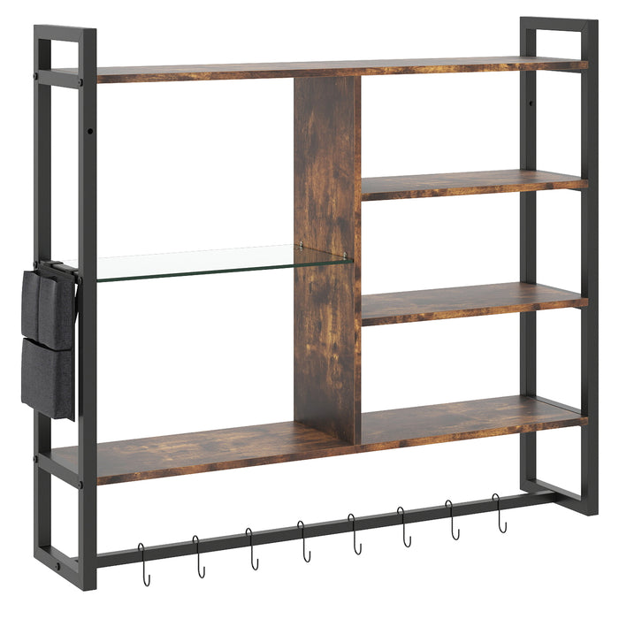 107 CM Industrial Floating Shelves 6-Tier Wall Mounted Shelf with 8 S-Hooks-White & Golden