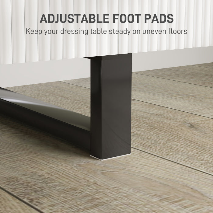 HOMCOM LED Lighted Dressing Table with Leaf Shape Mirror, Modern Vanity Desk with 5 Drawers, Makeup Desk with Fluted Panels, White