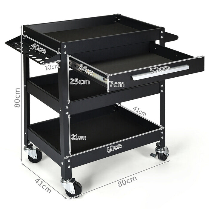 Utility Cart 3-Tray - Rolling Tool Organiser Trolley - Ideal for Workshop and Garage Storage Solutions