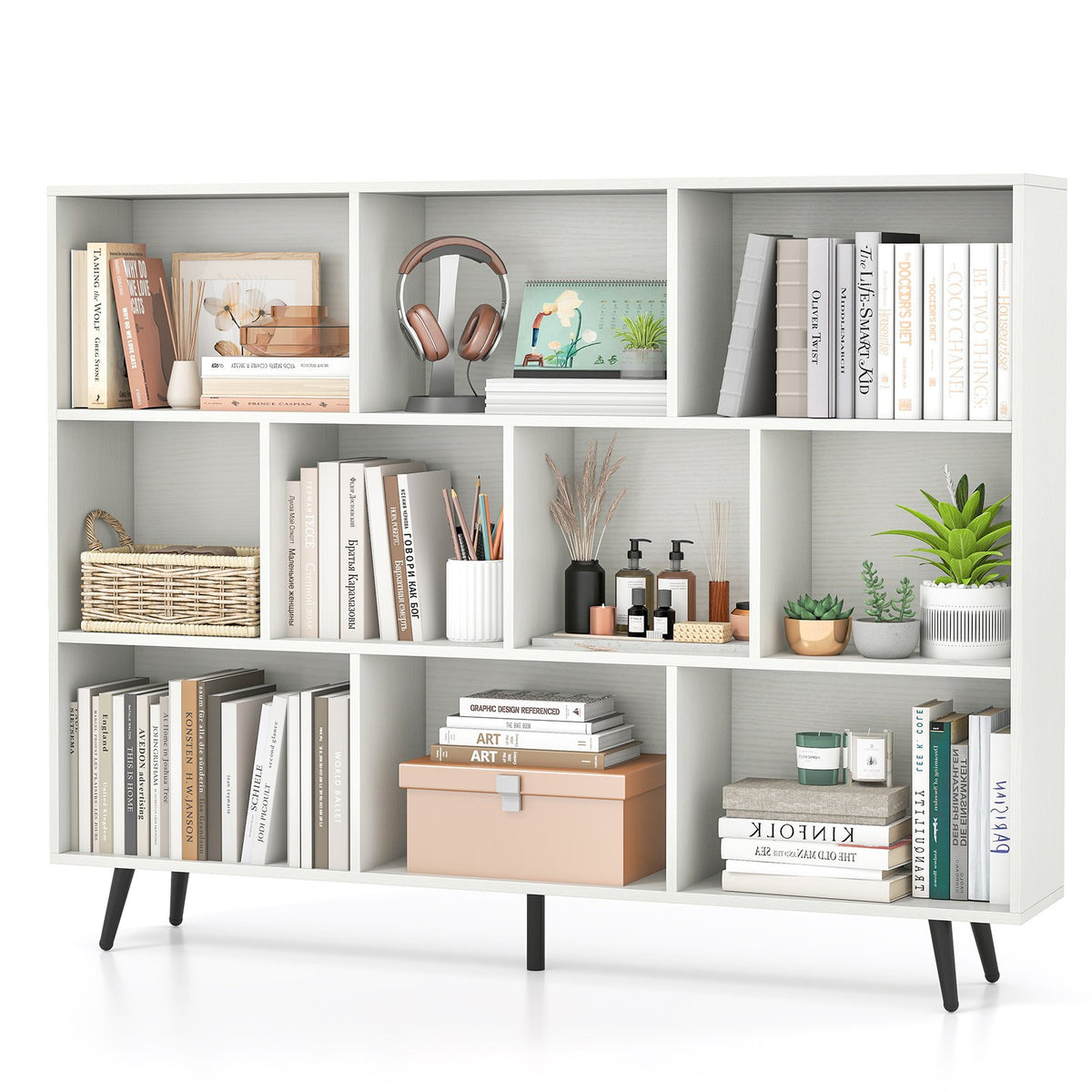 10-Cube Bookcase 140 CM Storage Organizer with 5 Tapered Metal Legs-