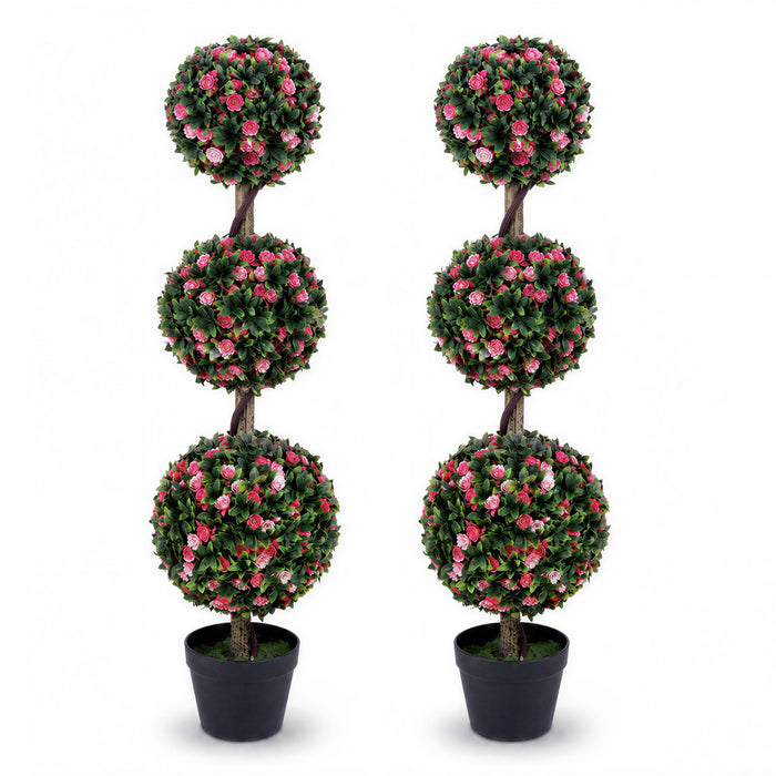 110cm Artificial Triple Ball Rose Topiary Tree with Lifelike Blooms and Green Leaves