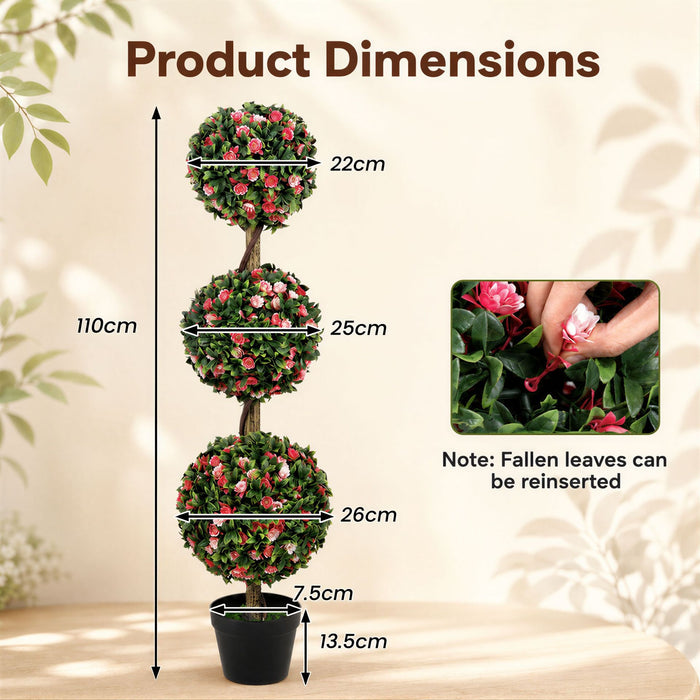 110cm Artificial Triple Ball Rose Topiary Tree with Lifelike Blooms and Green Leaves