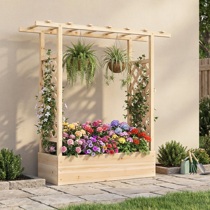 114cm Tall Wooden Raised Garden Bed with Side Trellis and Hanging Roof-