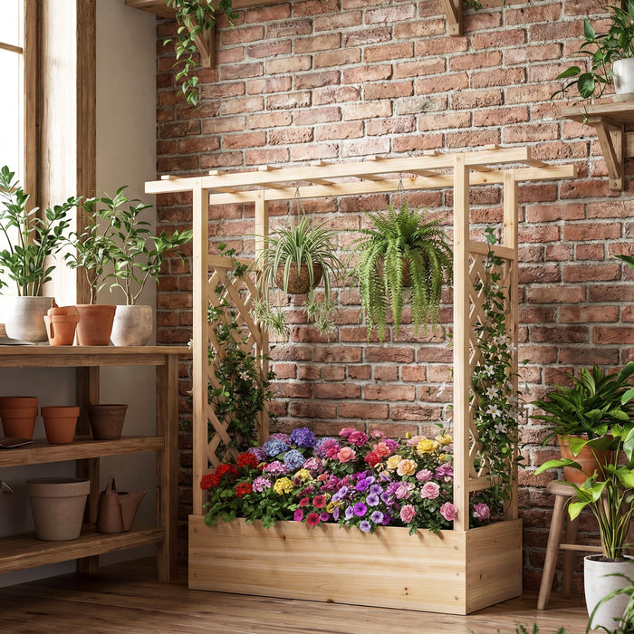 114cm Tall Wooden Raised Garden Bed with Side Trellis and Hanging Roof-