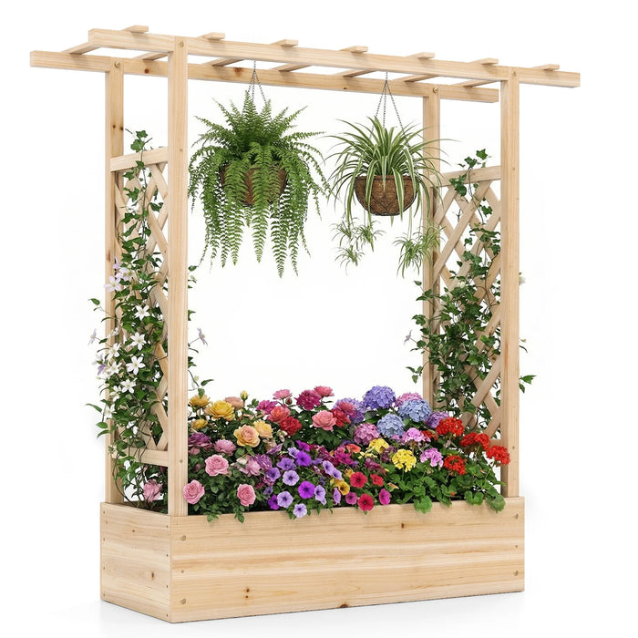 114cm Tall Wooden Raised Garden Bed with Side Trellis and Hanging Roof-