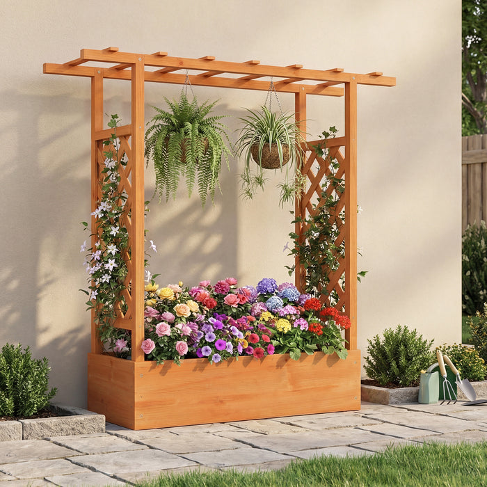 114cm Tall Wooden Raised Garden Bed with Side Trellis and Hanging Roof-