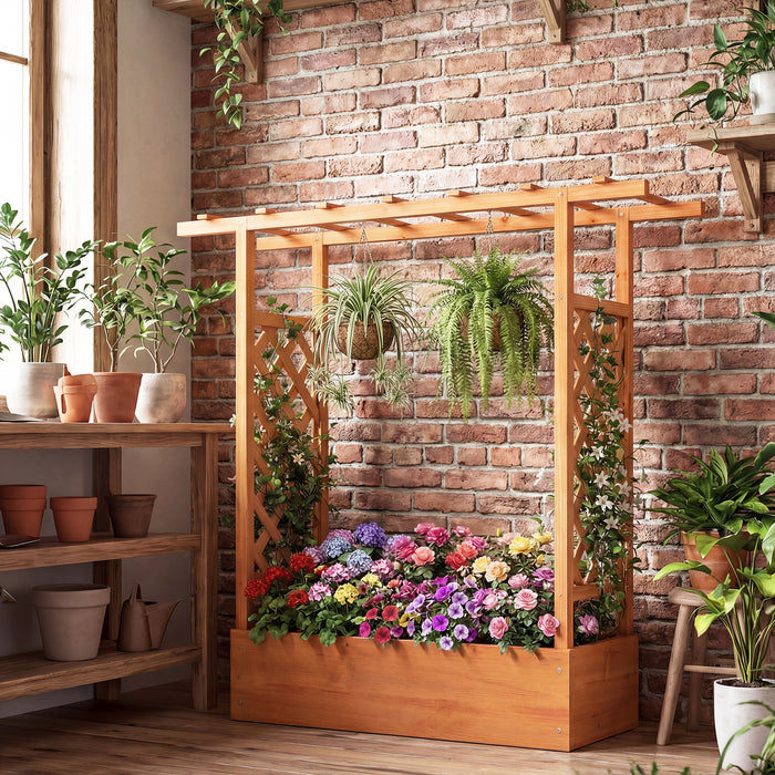 114cm Tall Wooden Raised Garden Bed with Side Trellis and Hanging Roof-
