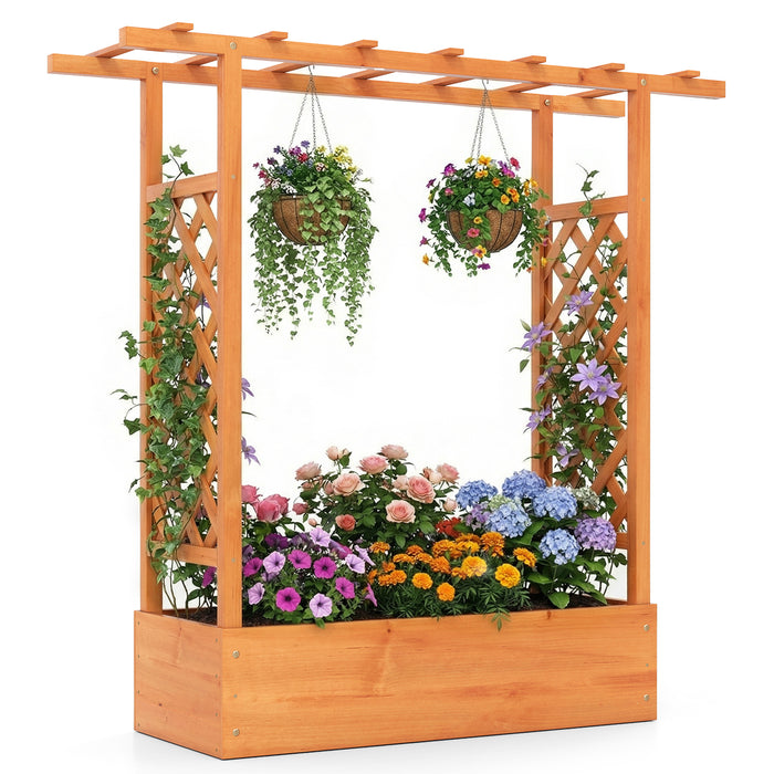 114cm Tall Wooden Raised Garden Bed with Side Trellis and Hanging Roof-