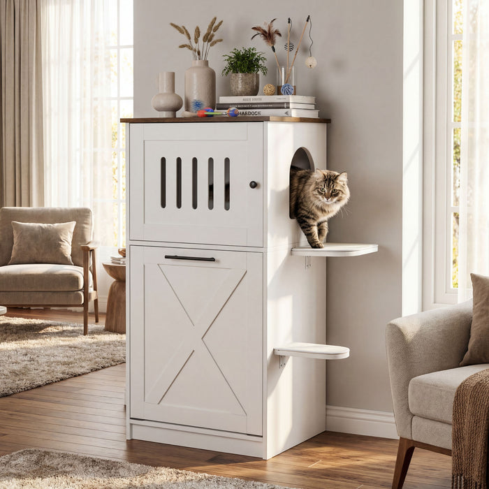 115 cm Modern Hidden Cat House Cabinet with 2 Scratching Pads and  Flip-Down Storage Cabinet-