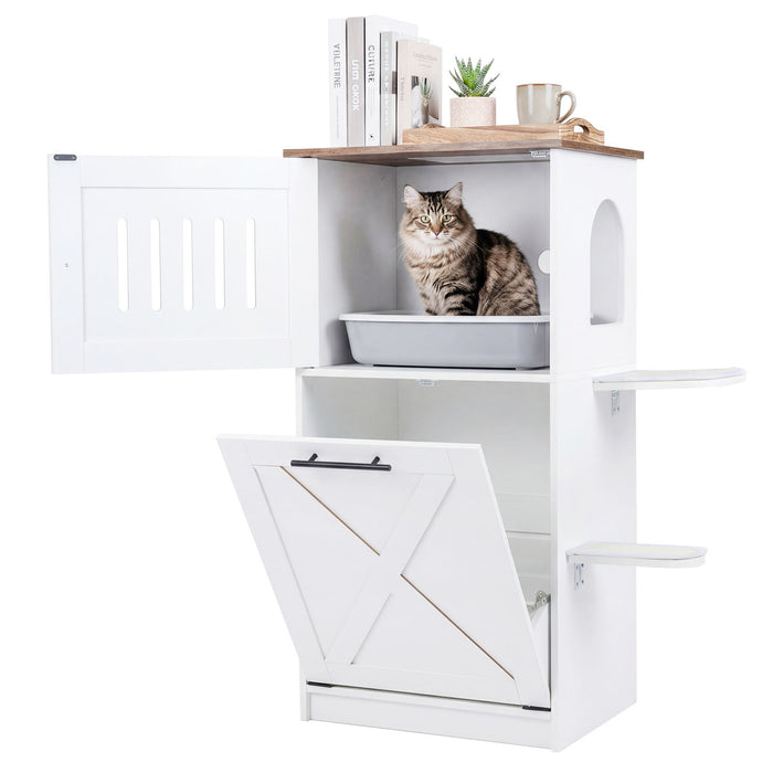115 cm Modern Hidden Cat House Cabinet with 2 Scratching Pads and  Flip-Down Storage Cabinet-