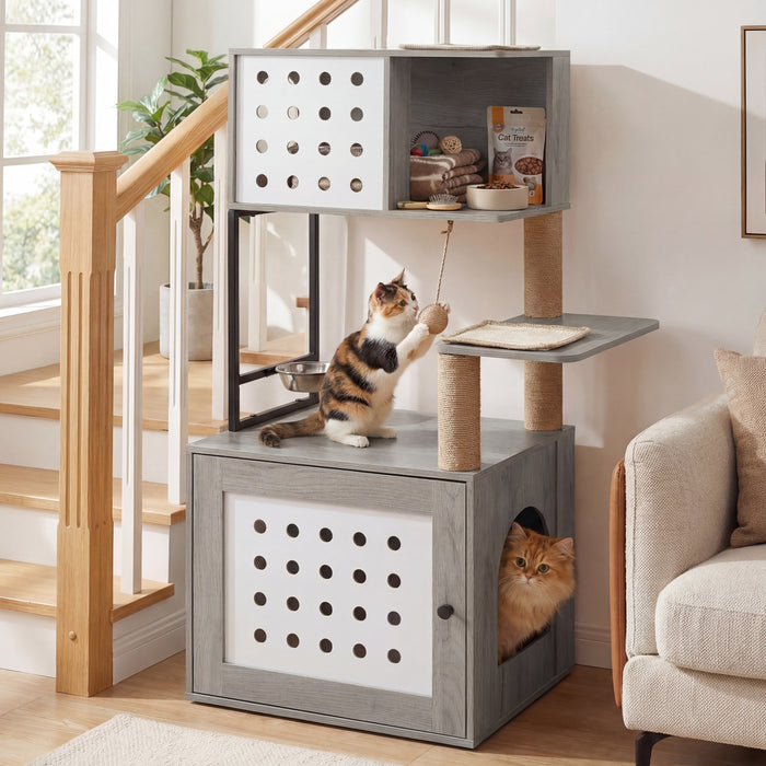 117.5 cm Modern Cat Tower Cabinet with Sisal Scratching Posts and Hanging Ball-