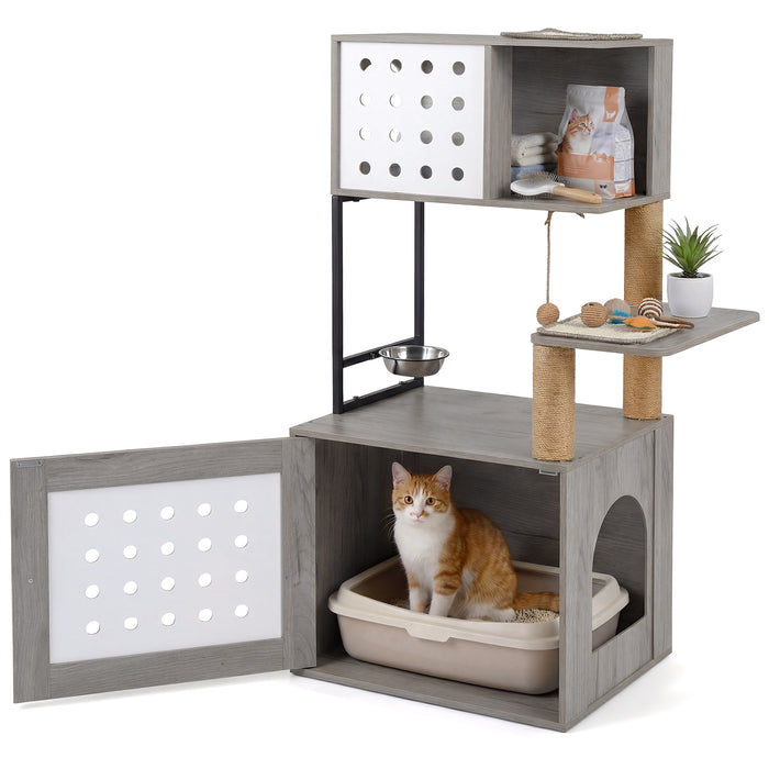117.5 cm Modern Cat Tower Cabinet with Sisal Scratching Posts and Hanging Ball-