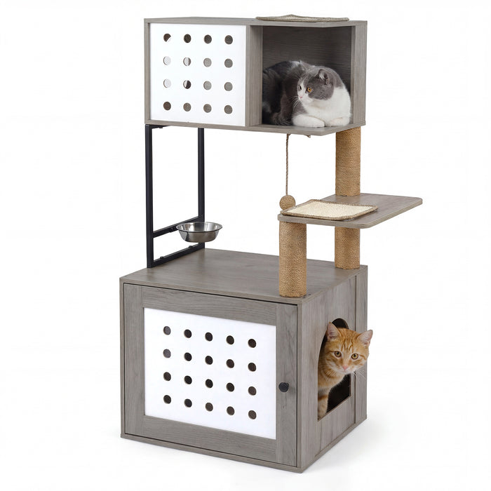 117.5 cm Modern Cat Tower Cabinet with Sisal Scratching Posts and Hanging Ball-